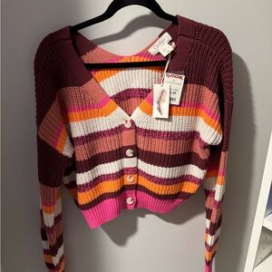 Striped Multicolor Button-Up Cropped Cable Knit Sweater